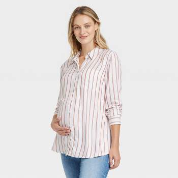 Long Sleeve Casual Woven Maternity Shirt - Isabel Maternity by Ingrid & Isabel™ White Striped XXL
