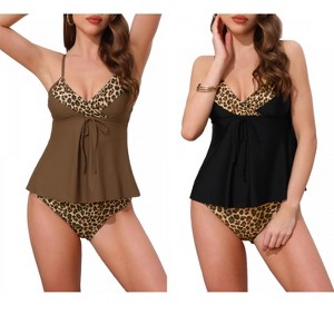 INSPIRE CHIC Women's Full Coverage Ruffled Spaghetti Straps Leopard Swimwear Bathing Bikini Suits 2 Sets - 1 of 4