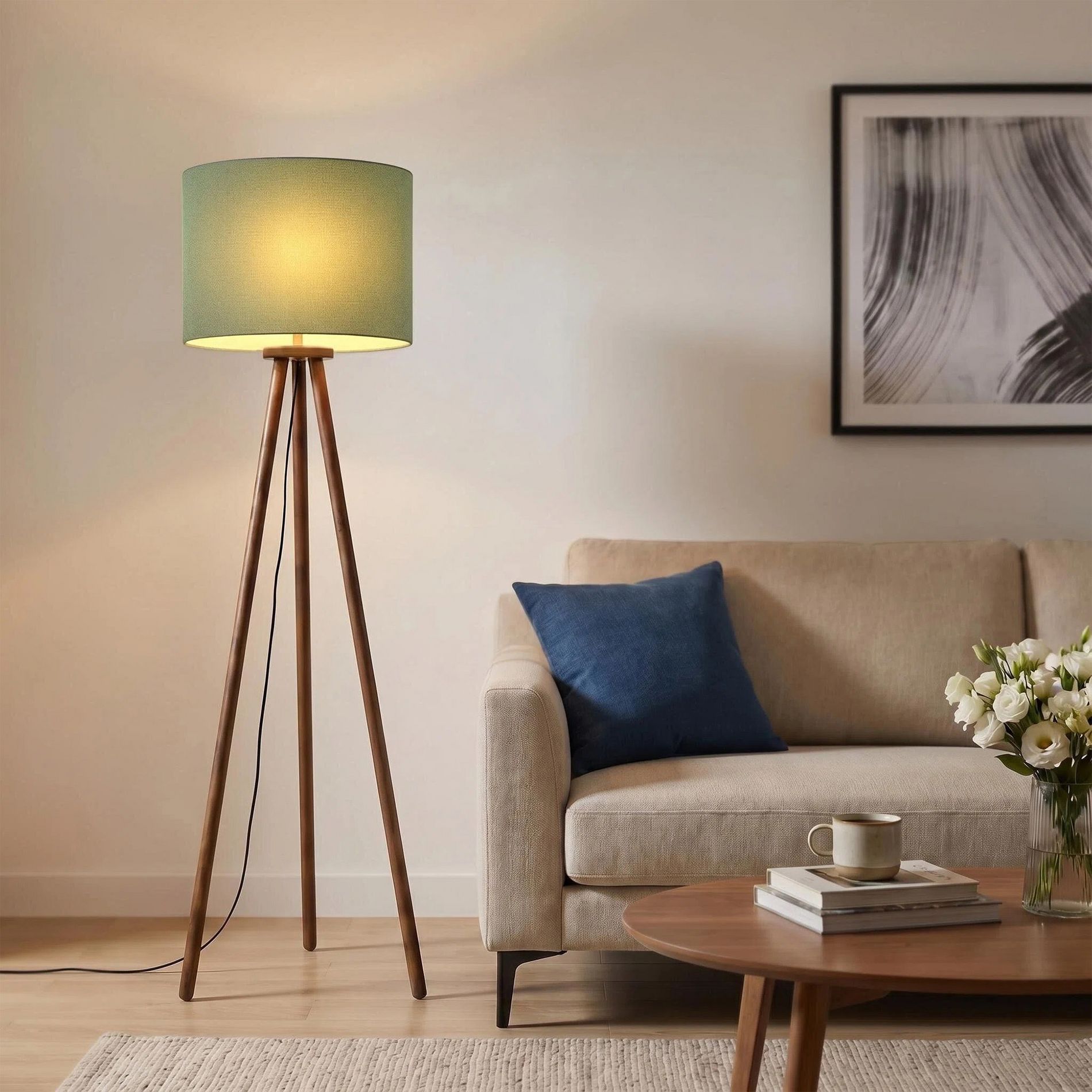 60.5" Modern Nordic Tripod Standing Lamp, UL Certified, Premium Wood Base and Breathable Linen Shade, Adjustable Floor Light for Lounge,Green