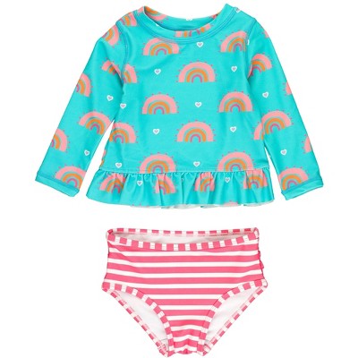 Image of RuffleButts Baby Girls UPF50+ Long Sleeve Rash Guard Bikini - Catching Rainbows, 3-6m