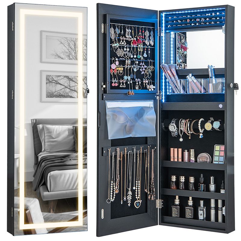 Tangkula LED Mirror Jewelry Cabinet Wall/Door Mounted Organizer Armoire w/ 3 Color Light, 1 of 10
