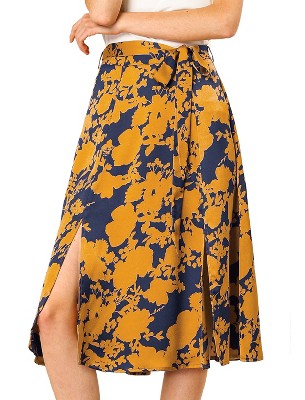 Allegra K Women's High Elastic Waist Belted Slit A-Line Midi Floral Print Skirt