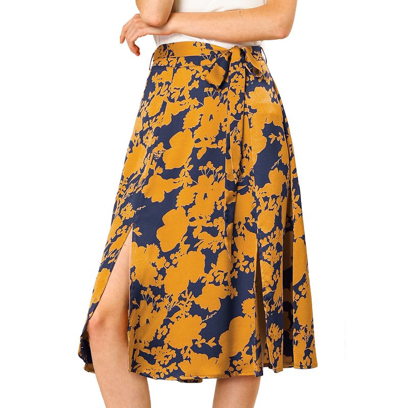 Allegra K Women's High Elastic Waist Belted Slit A-Line Midi Floral Print Skirt, 1 of 8