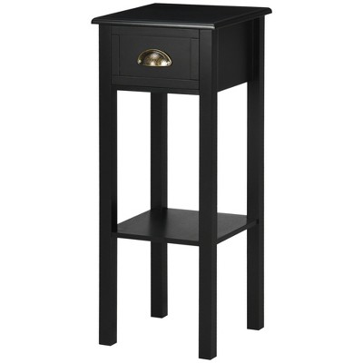 Black Rectangular Wood End Table with Drawer and Shelf
