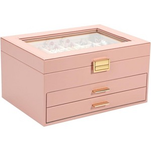 2-Layer Pink PU Leather Jewelry Box, Vintage Organizer with Removable Tray for Necklaces, Earrings, Rings, Bracelets - 1 of 4