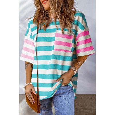 I AM A FASHION JUNKY Blue Stripe Patch Pocket Drop Sleeve Slits T Shirt