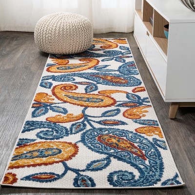 Boho Paisley Orange/Blue Synthetic 2x8 Indoor/Outdoor Rug