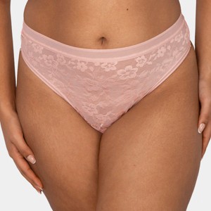 Curvy Couture Women's Plus Size No-Show Lace High Cut Thong Panty Blushing Rose S - 1 of 4