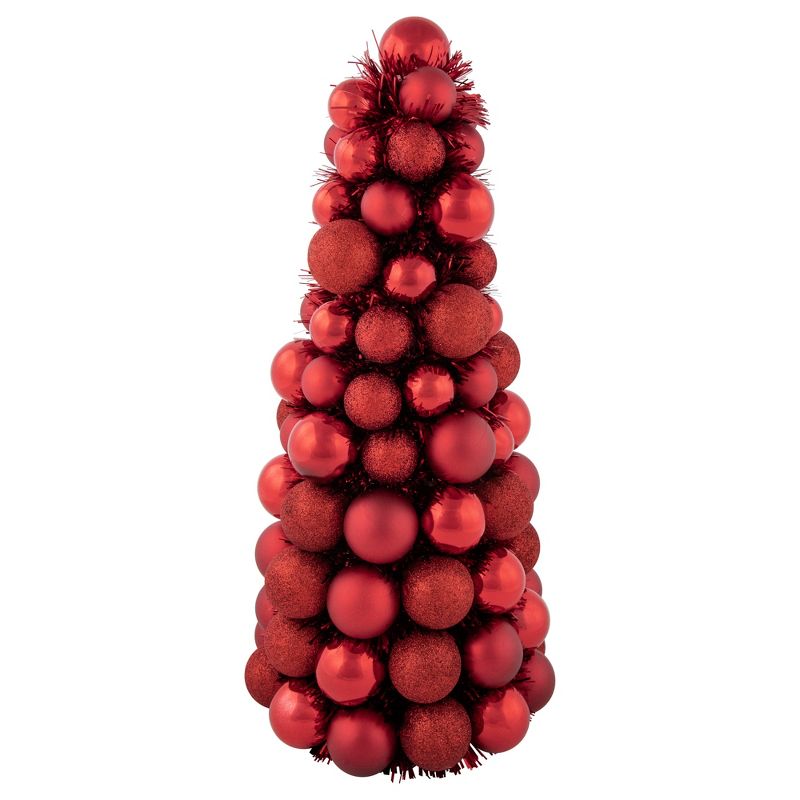 Northlight 15.75" Red 3-Finish Shatterproof Ball Christmas Tree with Tinsel, 1 of 6
