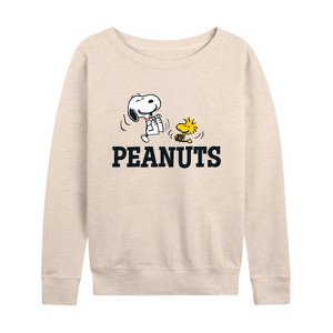 Women's - Peanuts - Snoopy And Woodstock Lightweight French Terry Wide Neck Long Sleeve Shirt - 1 of 4