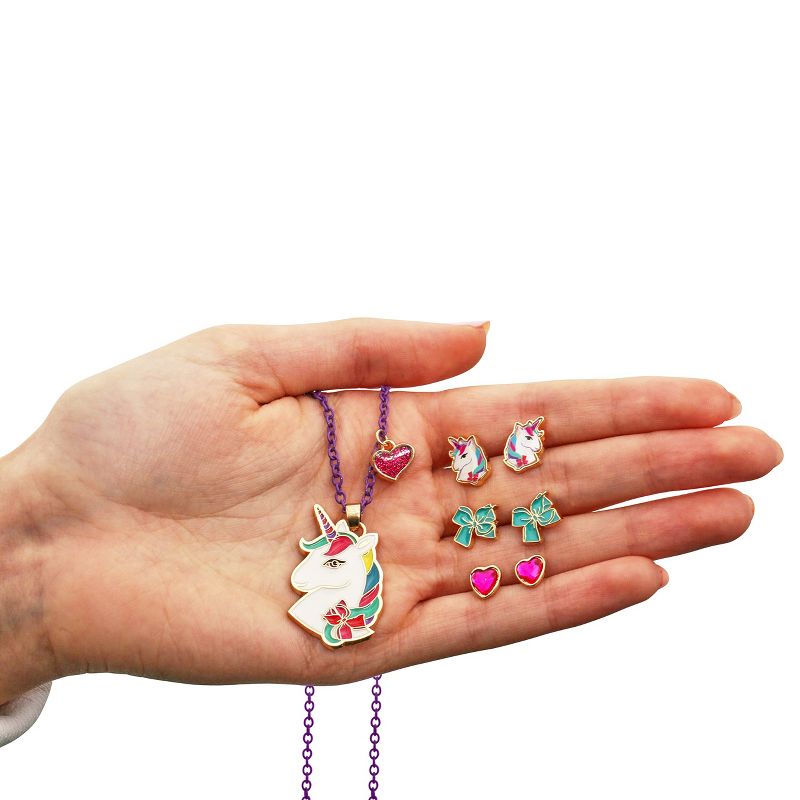 JoJo Siwa Girls Unicorn Jewelry Gift Set, Yellow Plated Necklace with 3 Pairs of Stud Earrings, 3 of 5