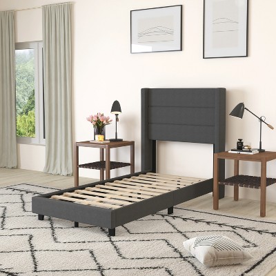 Twin Wood Frame Bed with Tufted Linen Upholstered Headboard