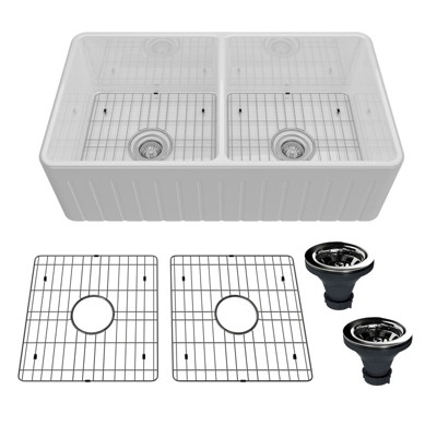 CASAINC 33'' Double Bowl Fireclay Farmhouse Apron Kitchen Sink (Reversible Installation), White