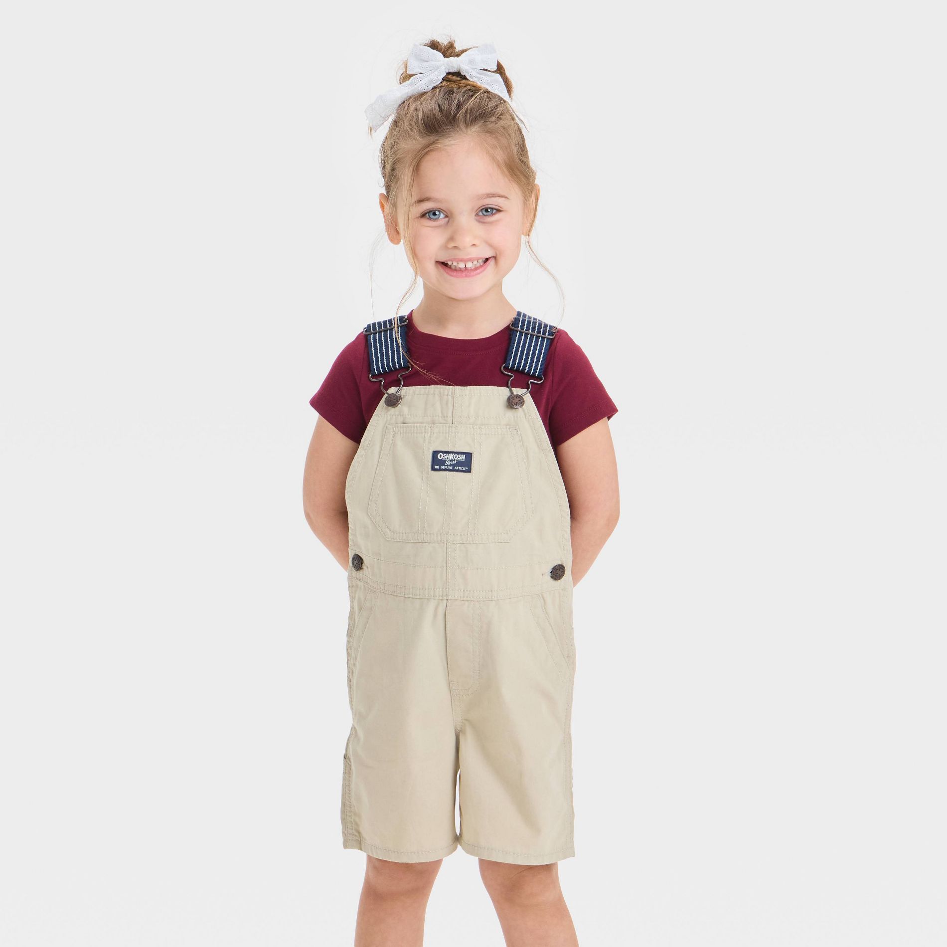 OshKosh B'gosh Toddler Girls' Chino Shortalls - Khaki 3T: 100% Cotton Canvas, Lightweight, Sleeveless, Squareneck, Kangaroo Pocket