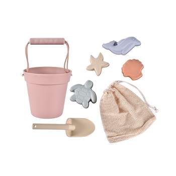 Ready! Set! Play! Link Silicone Beach & Pool Toy 7pc Set Great For Travel Easy To Clean Bucket Shovel 4 Sands Molds For Toddlers & Babies - Blush Pink