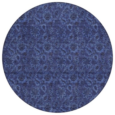 Navy Blue And Charcoal Floral Washable Indoor Outdoor Area Rug