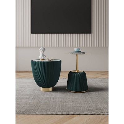 Green Ridged Metal and Stone Accent Table Set