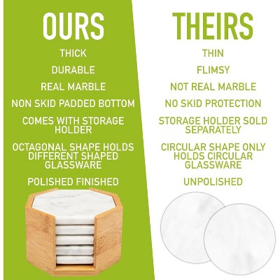 White Carrara Marble Coasters with Bamboo Holder - Set of 5