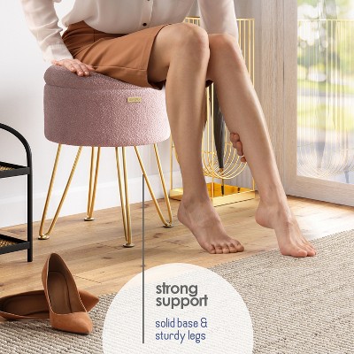 Pink Bouclé Round Storage Ottoman with Gold Legs