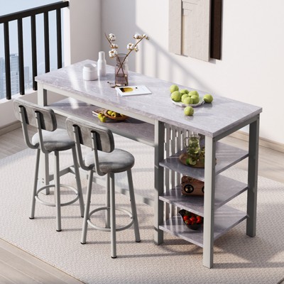 Hooseng 3-Piece Dining Room Table Set with 2 Upholstered Bar Stools, Modern Farmhouse Style Bar Table Set for 2 with Multiple Tier Storage Shelves