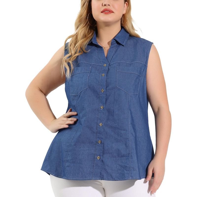 Agnes Orinda Women's Plus Size Pocket Sleeveless Button Down Work Summer Chambray Blouses, 1 of 7