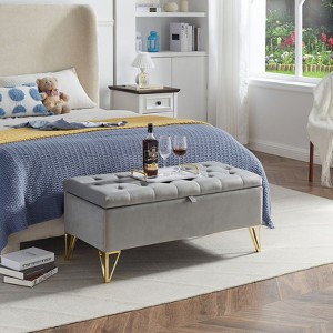 NicBex Modern 38" Storage Bench Velvet Accent Stools with Button Tufted and Metal Legs for Bedroom and Entryway - 1 of 4