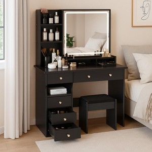 Homy Casa Vanity Table with Lighted Mirror, Stool and Storage Drawers for Bedroom or Dressing Room - 1 of 4