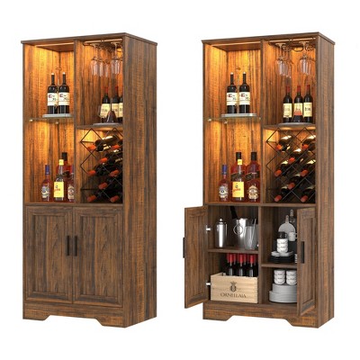 58" Kitchen Pantry Cabinet with Lights, Adjustable Shelves and Open Storage