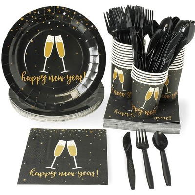 Juvale 144 Piece Happy New Year Disposable Party Supplies Serves 24 - Paper Plate, Napkin, Cup & Cutlery