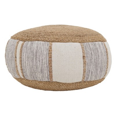 Natural Jute and Cotton Round Woven Pouf, 24"x16"