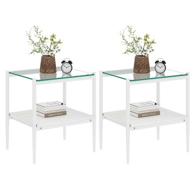 LOVMOR 2-Tier Tempered Glass End Table Set of 2, Rectangle Coffee Tabletop with MDF Layer, Modern Side Table for Living Room