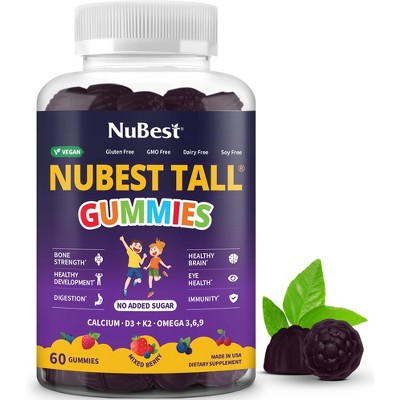 NuBest Tall Gummies with Calcium, Vitamin D3, K2, B Complex, Magnesium, Zinc & more, for Kids Age 2+, 60 Berries Gummies, No Added Sugar