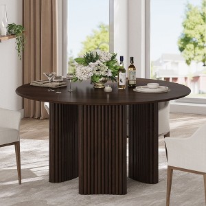 PexFix 52" Modern Round Dining Table with Striped Column Legs Solid Wood Kitchen Table Anti-Scratch Footpads for Dining Room & Kitchen Bar in Walnut - 1 of 4