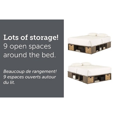 Weathered Oak Queen Storage Bed with Wicker Baskets