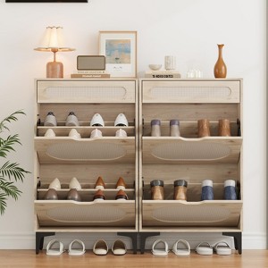 Rattan Shoe Cabinet with 2 Flip Drawers and 1 Pull-Out Drawer, Shoe Storage Cabinet, 3-Position Adjustable Shelf, Narrow Shoe Cabinet for Entryway - 1 of 4