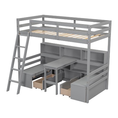 NicBex Twin Size Loft Bed with Storage Shelves,Drawers,Seat and Desk for Kids Teens Adults,Gray/White
