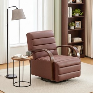 Homy Casa Swivel Accent Chair with Channel-Tufted Back and Curved Wood Armrests, for Living Room or Office, Brown PU Leather - 1 of 4