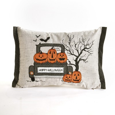 Lakeside LED Lighted Halloween Pillow with Vintage Truck and Pumpkin Motif