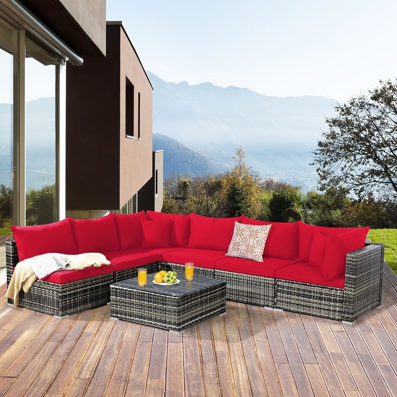 Costway 7PCS Patio Rattan Furniture Set Sectional Sofa Garden Red Cushion, 1 of 11
