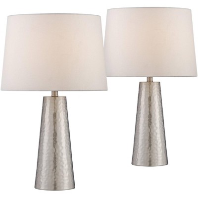 360 Lighting Modern Table Lamps Set of 2 Silver Leaf Hammered Metal Cylinder Off White Drum Fabric Shade for Living Room Bedroom