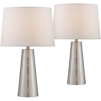 360 Lighting 27 1/2" Tall Cylinder Modern Table Lamps Set of 2 Silver Leaf Finish Hammered Metal Off-White Shade Living Room Bedroom Bedside