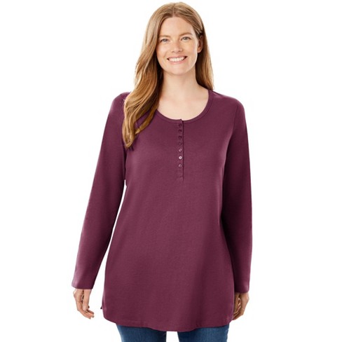 Woman Within Women's Plus Size Perfect Long-sleeve Henley Tee - M, Deep ...