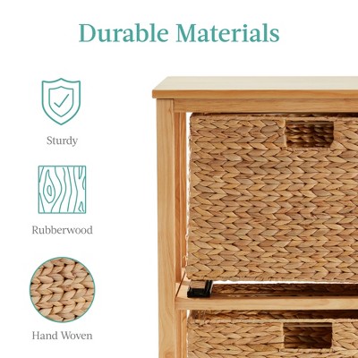 Natural Rubberwood Vertical Rolling File Cabinet with Water Hyacinth Baskets
