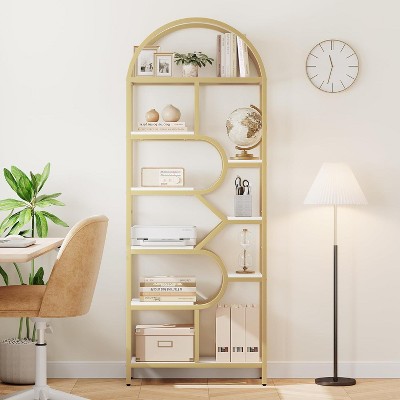 COUCHETA 82" Tall 6-Tier Arched Bookcase - Rustic Wood & Metal Open Shelf Storage Organizer for Living Room, Bedroom, Home Office