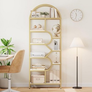 COUCHETA 82" Tall 6-Tier Arched Bookcase - Rustic Wood & Metal Open Shelf Storage Organizer for Living Room, Bedroom, Home Office - 1 of 4