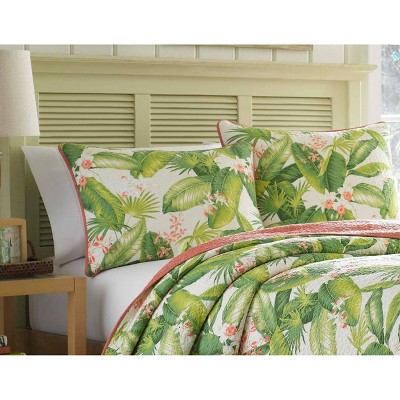 Ecru Cotton Full/Queen Reversible Quilt Set with Palm Leaf Design