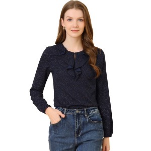 Allegra K Women's 1950s Vintage Ruffle Neck Long Sleeve Dots Chiffon Blouse - 1 of 4