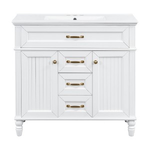 Akoasm 36 in. W Freestanding Bathroom Vanity with Ceramic Basin, Top-Fold Drawers, Soft-Close & 2 Storage Drawers-White - 1 of 4