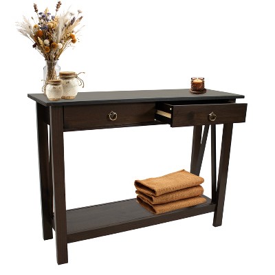 Sunnydaze Dark Brown Pine Wood Console Table with Drawers and Shelf