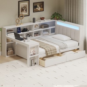 Twin/Full Size L-shaped Daybed Wooden Corner Bed with Storage Bookcase, Drawers, LED Light, Desk & Upholstered Headboard - ModernLuxe - 1 of 4